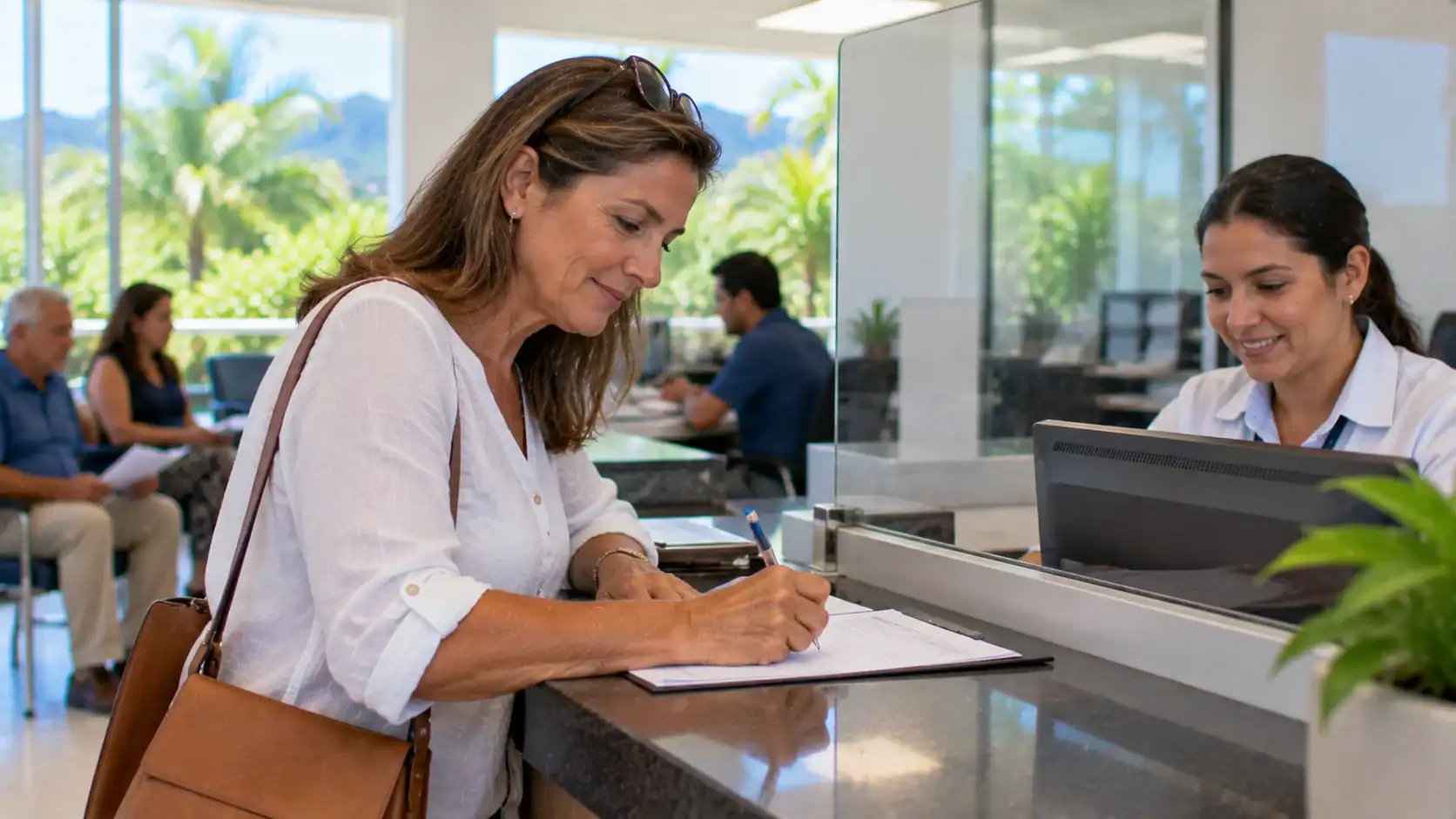 A woman filling in an address change form at a government office