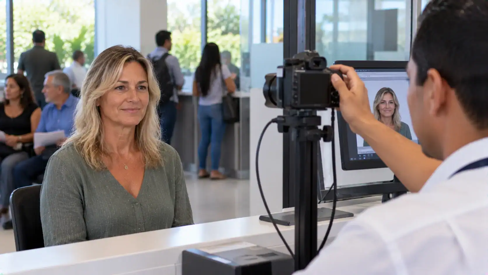 A woman having her photo taken for an ID card at a government counter