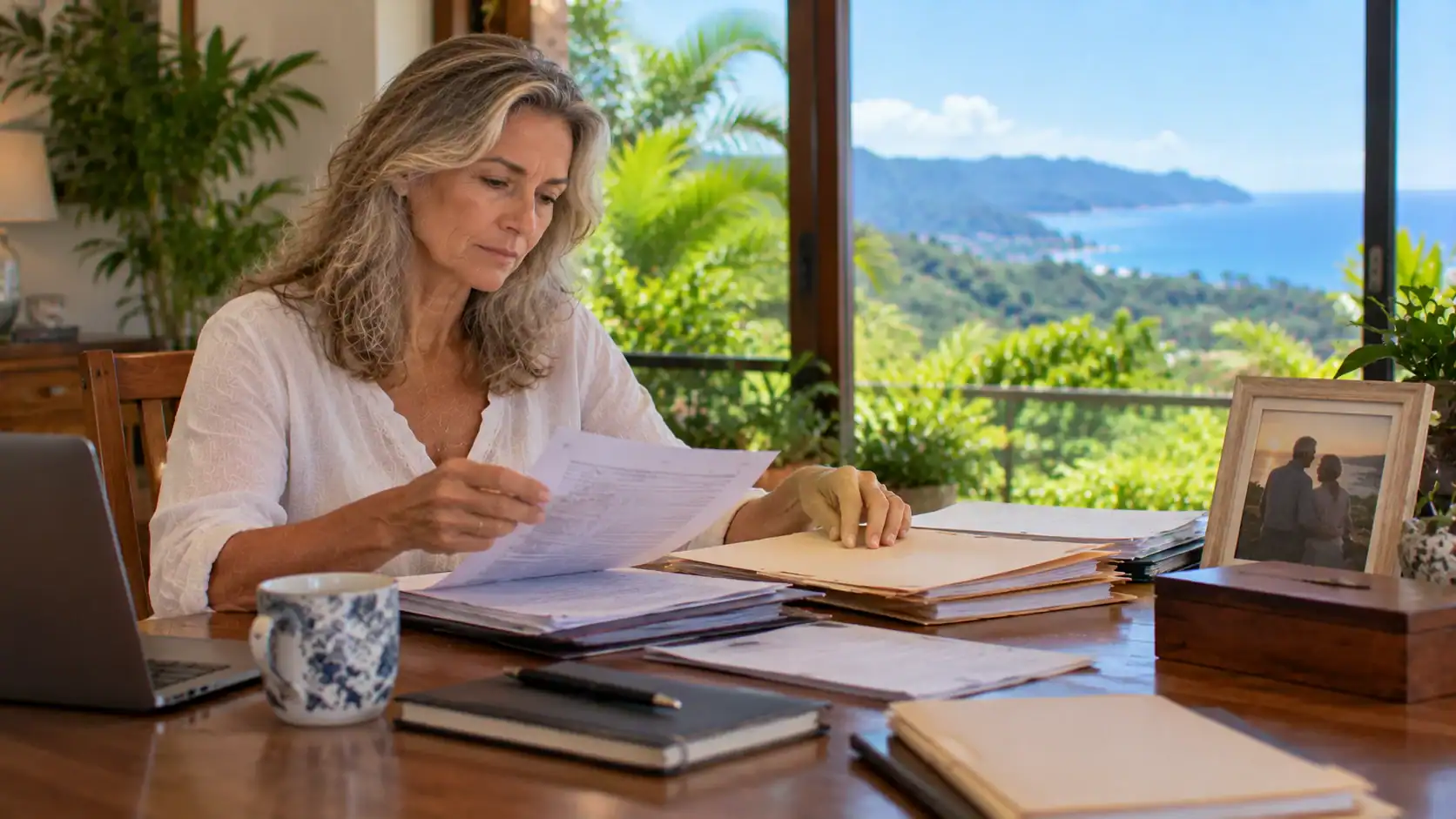 A woman organizing personal documents into folders at a home desk after a family loss