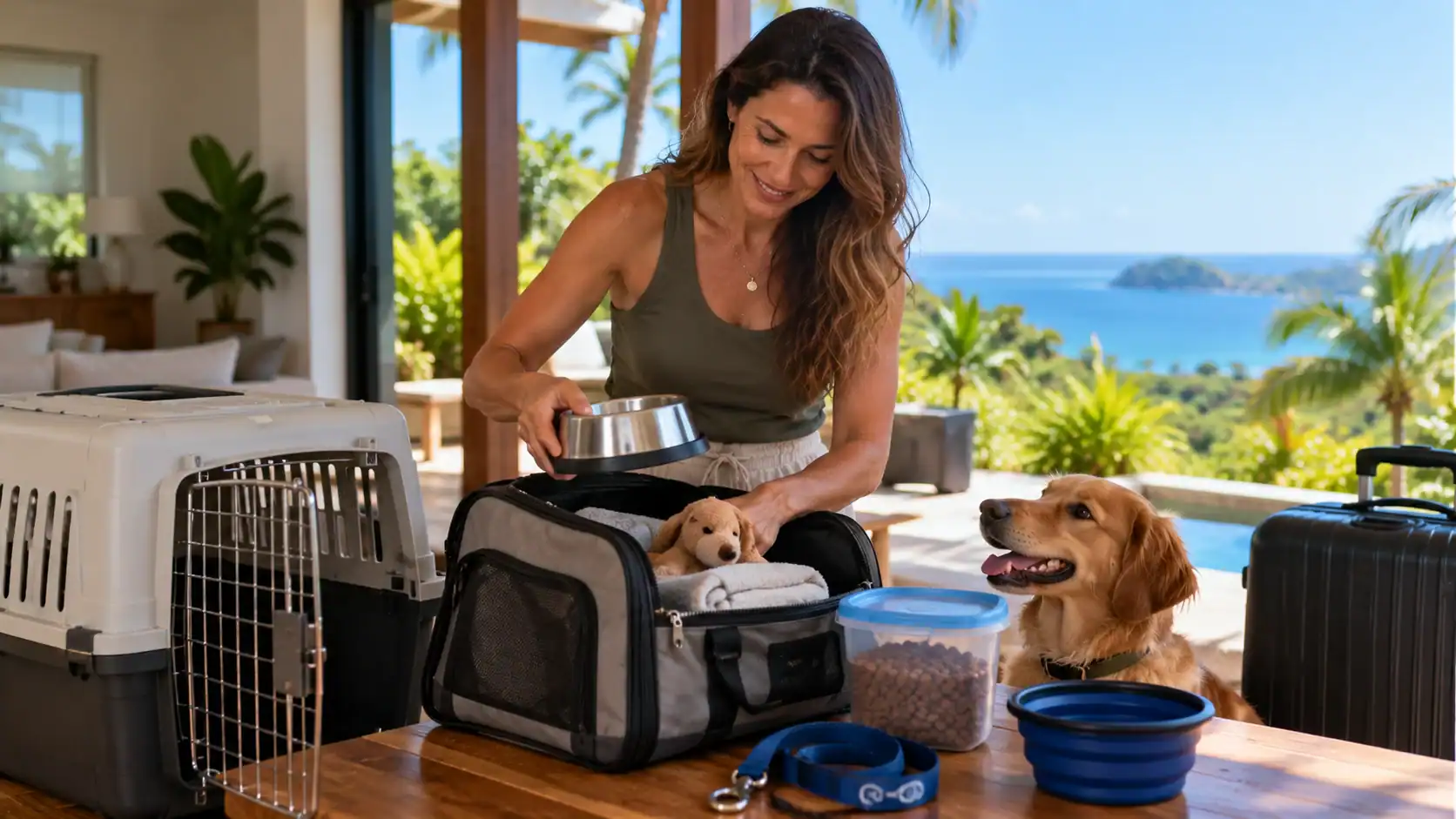 A woman packing a pet carrier, leash and food bowl for a move to Costa Rica