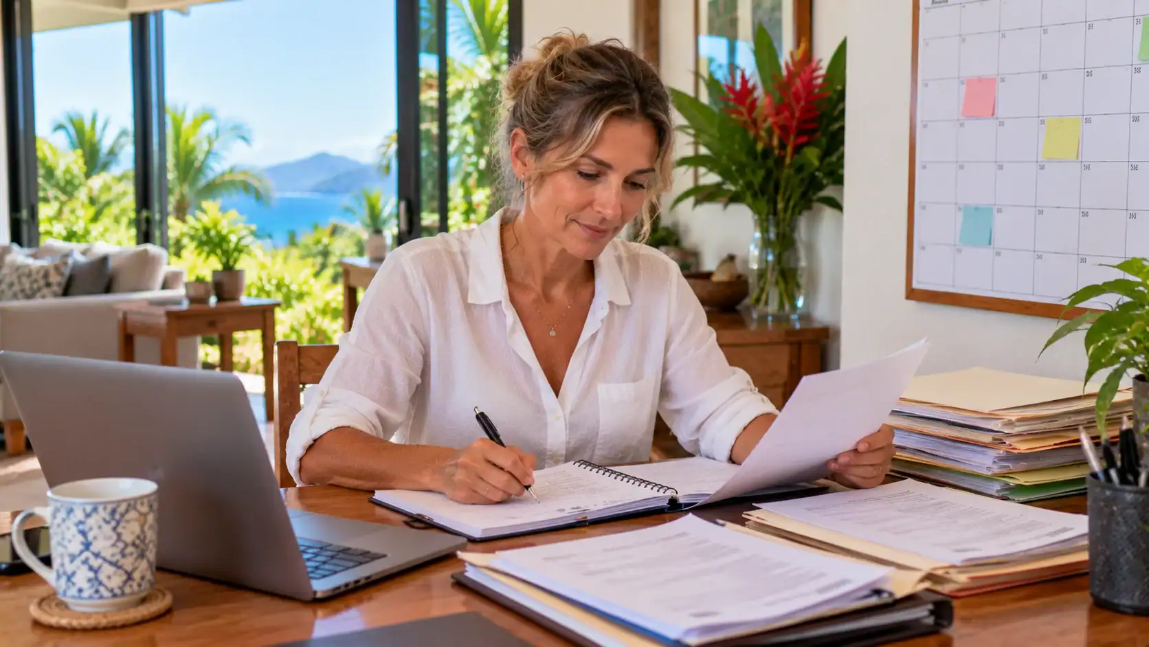 A woman planning citizenship paperwork with a wall calendar and folders