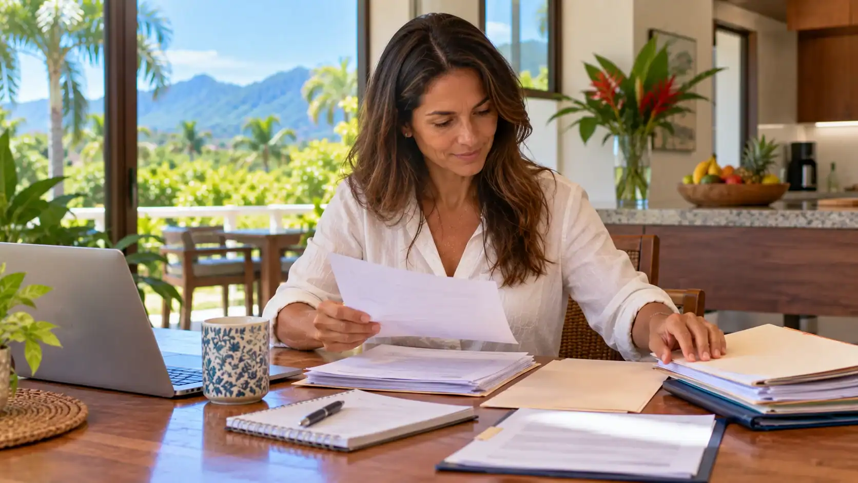 A woman preparing papers for a family court request at a kitchen table