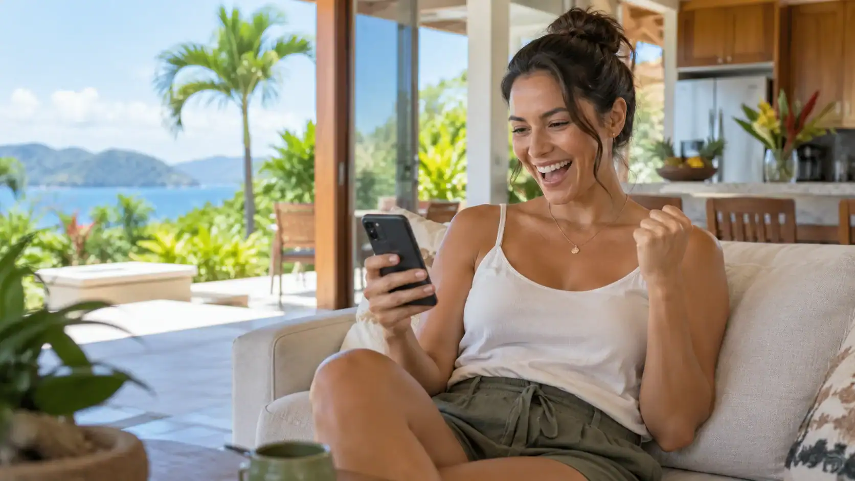 A woman receiving good news about her deposit refund on her phone at home