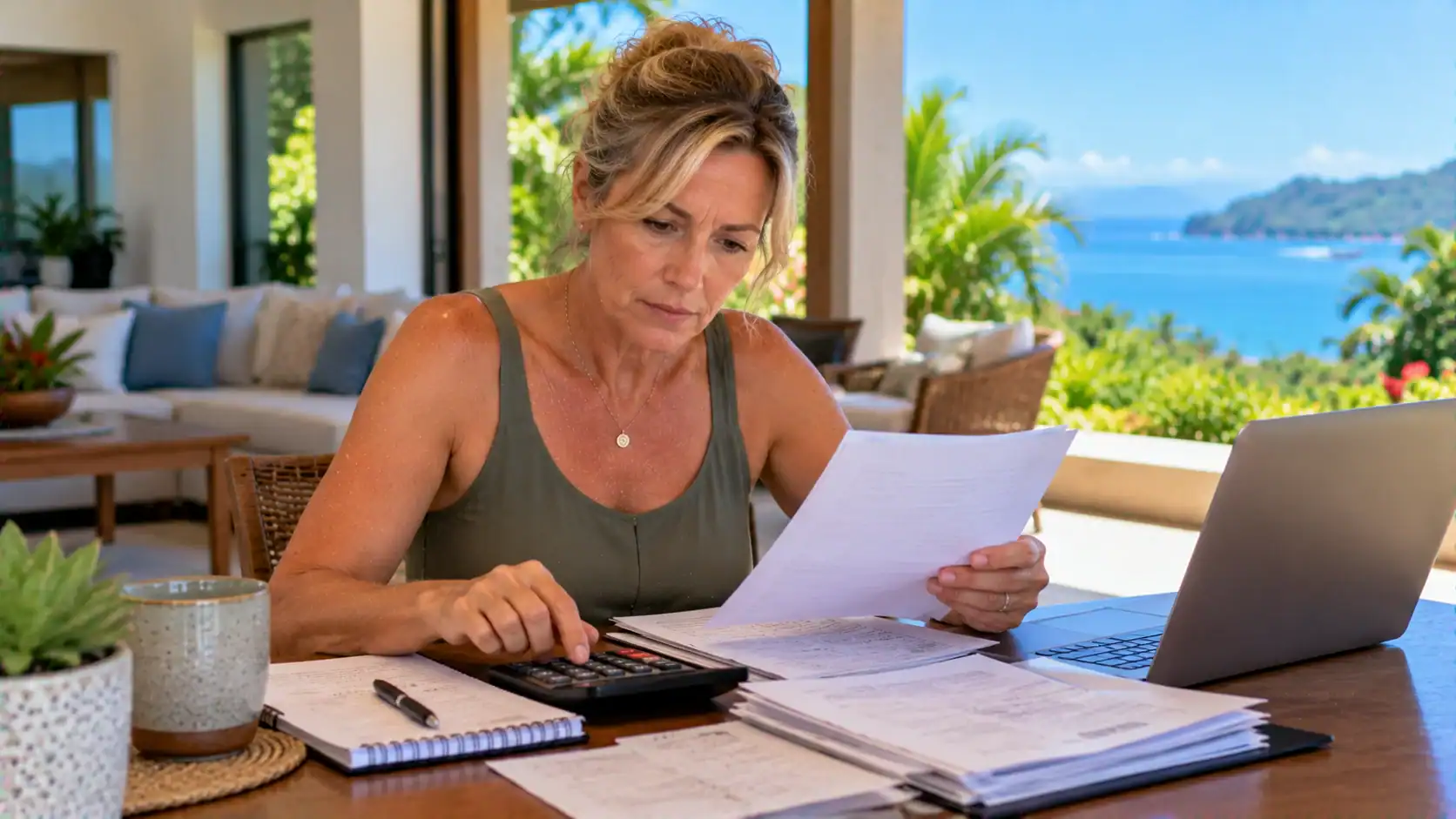A woman reviewing medical bills with a calculator