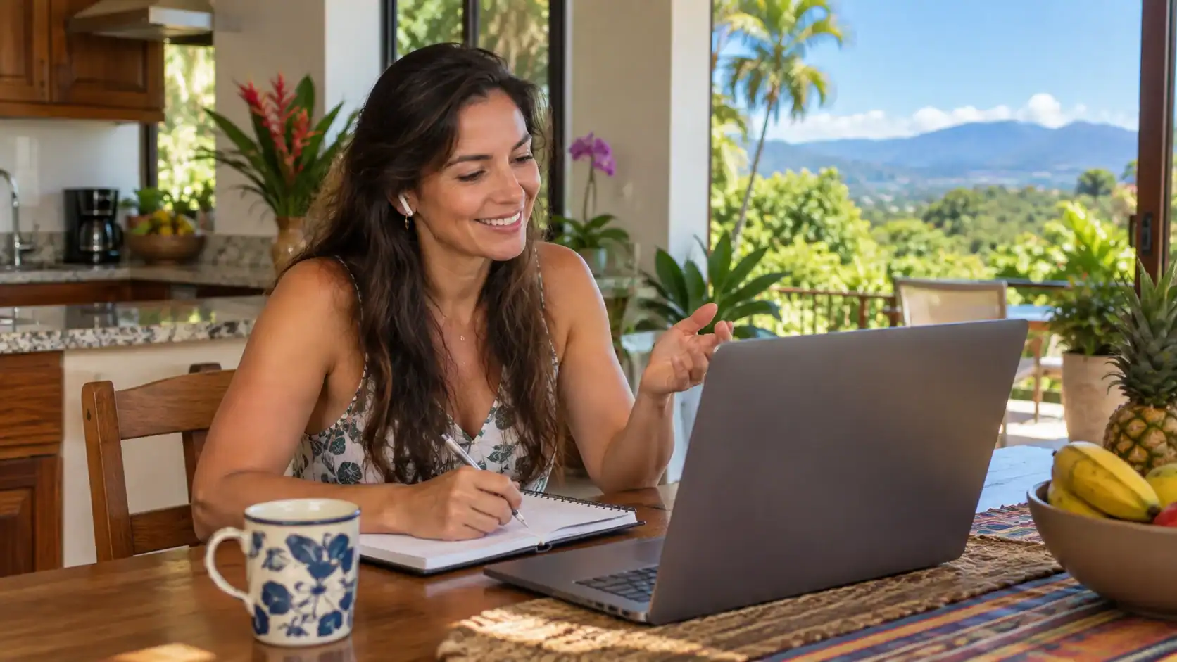 A woman taking an online Spanish lesson on a laptop at her kitchen table in Costa Rica