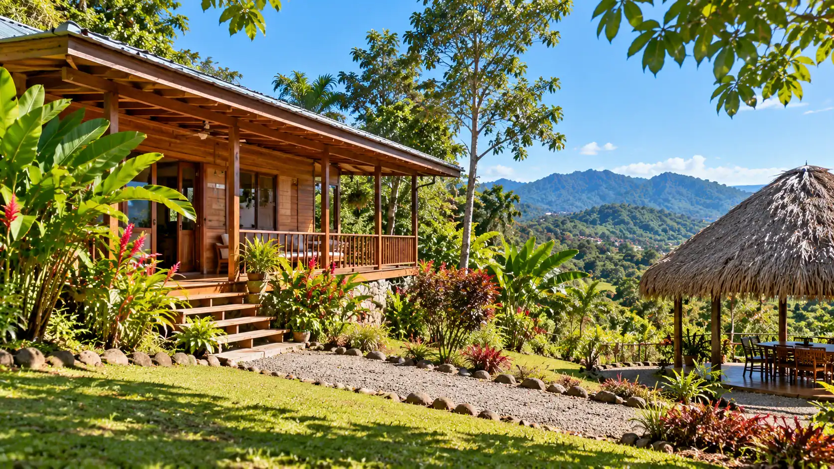 A wooden rural house with a thatched roof outbuilding in the Costa Rican countryside