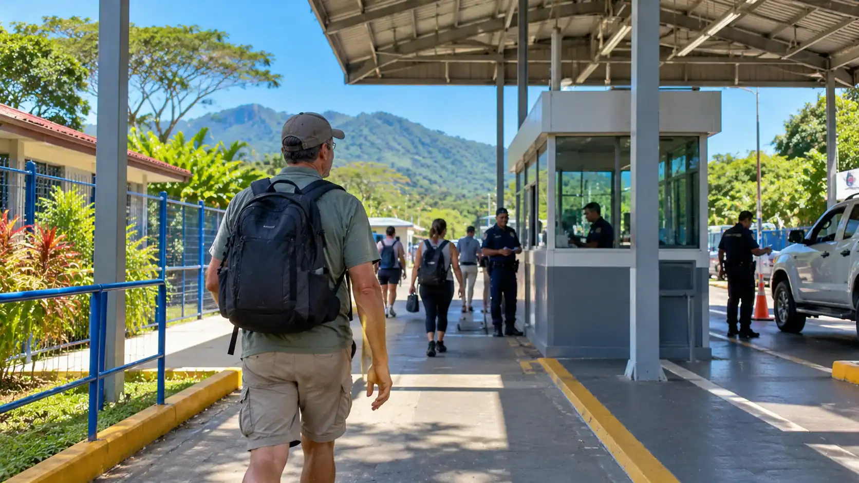 A worker crossing a border checkpoint on foot carrying a backpack in northern Costa Rica