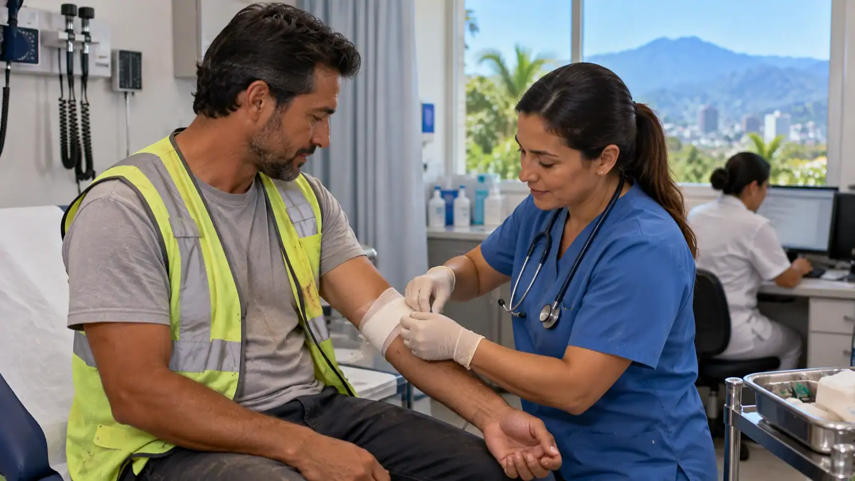 A worker receiving medical care at a social security clinic in Costa Rica