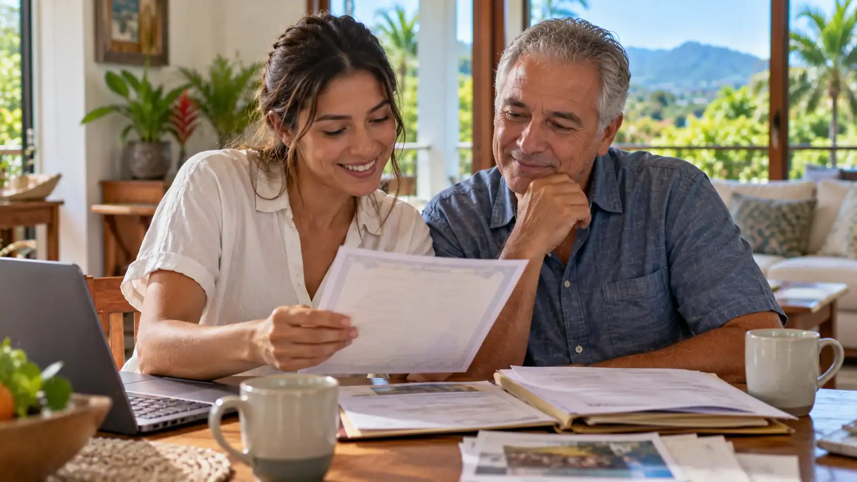 A young adult reviewing a birth certificate and family documents with a parent
