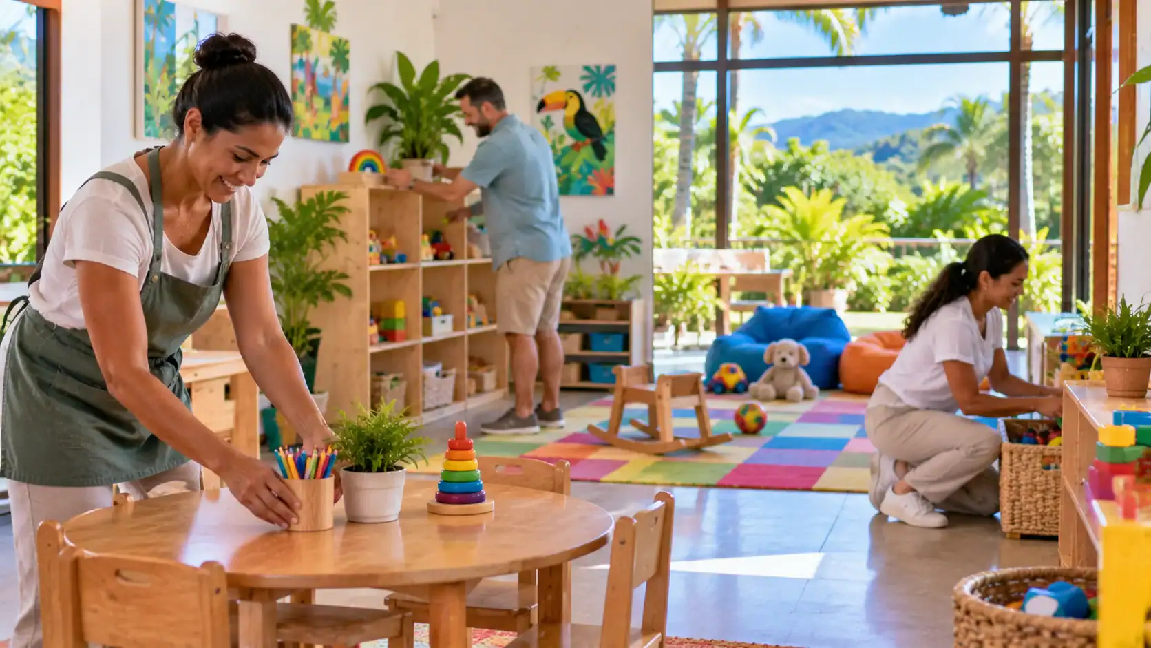 Adult staff preparing a bright, cheerful daycare room in Costa Rica
