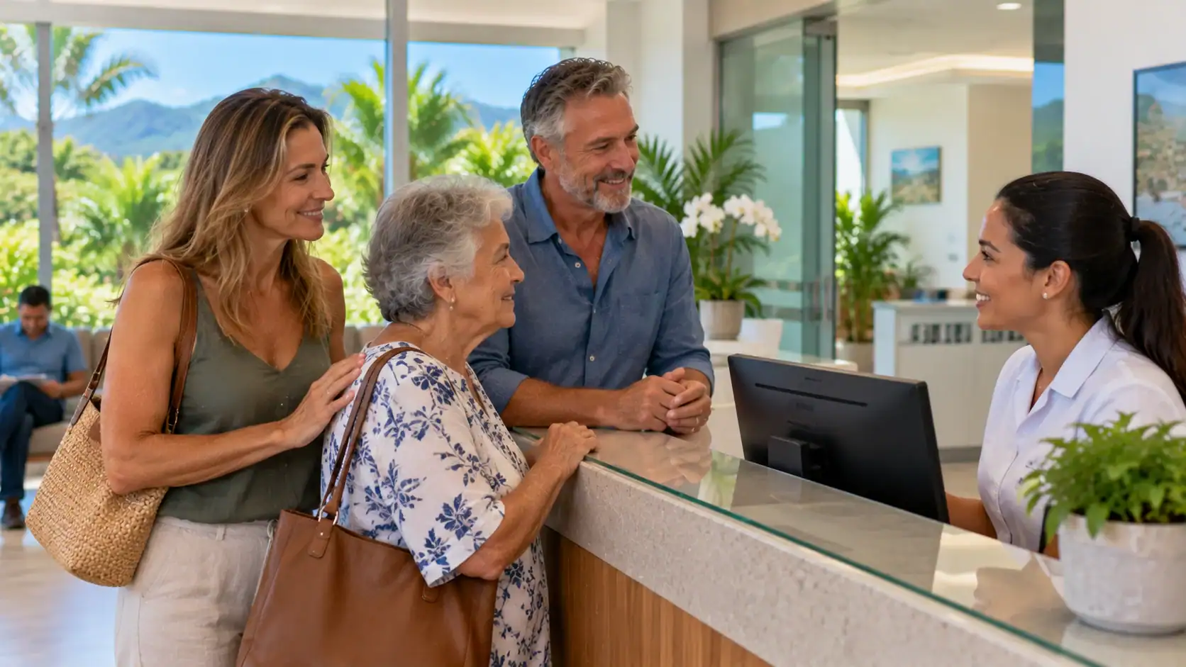 An adult couple and an elderly parent visiting a health clinic reception together