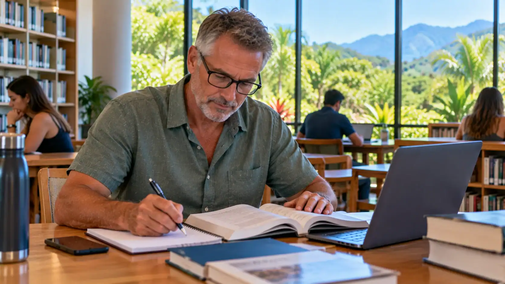 An adult student studying for exams at a library table in Costa Rica