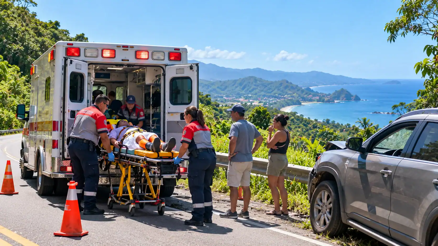 An ambulance and rescue workers helping at a roadside in Costa Rica
