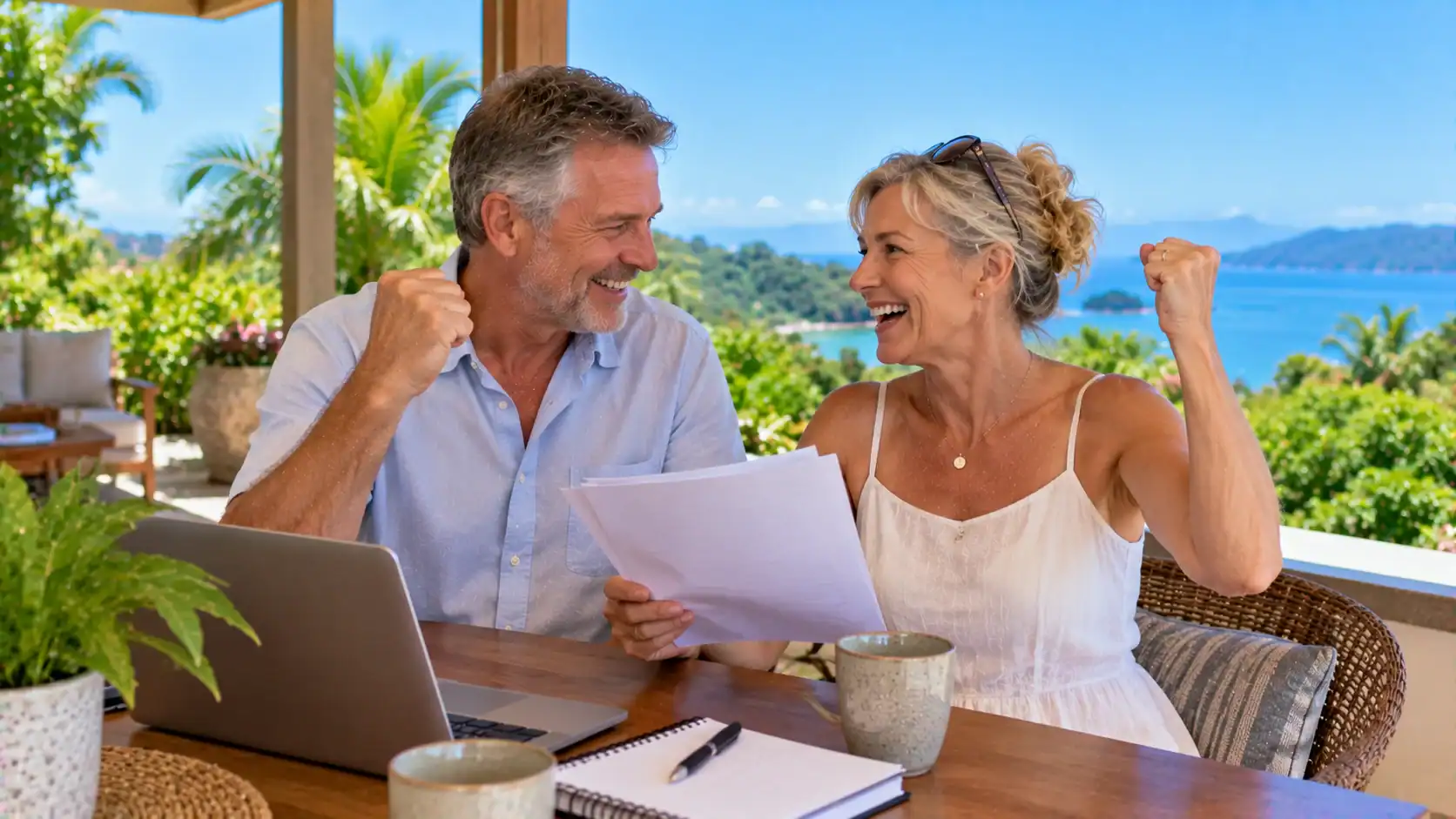 An American couple celebrating the start of their residency process on a terrace in Costa Rica