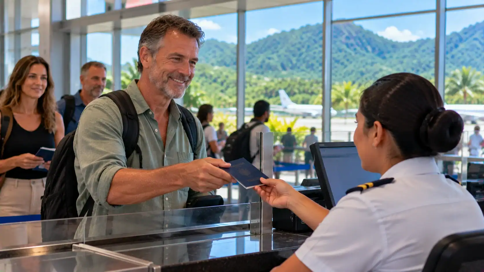 An American traveler presenting a passport at airport immigration in Costa Rica