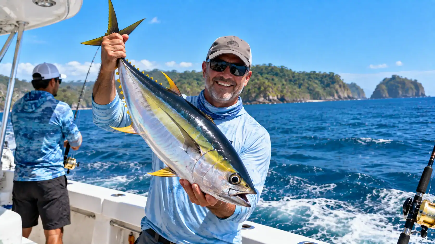 An angler holding up a fish on a charter boat off the Costa Rican coast