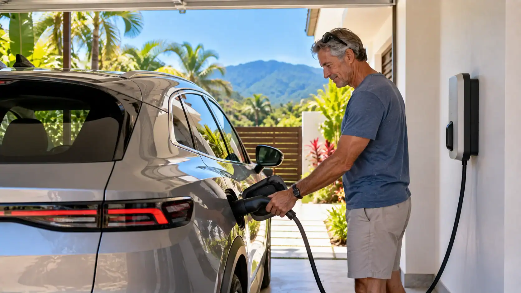 An electric car charging at a home wall charger in a Costa Rican garage