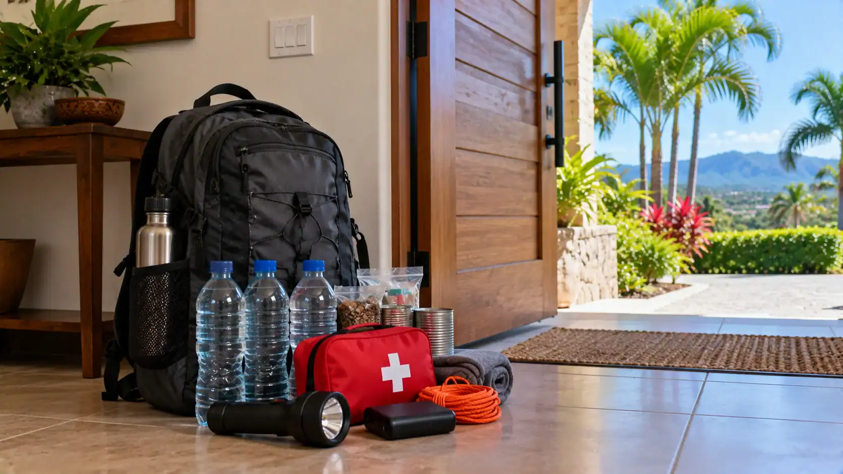 An emergency backpack with water, flashlight and first-aid kit by a front door