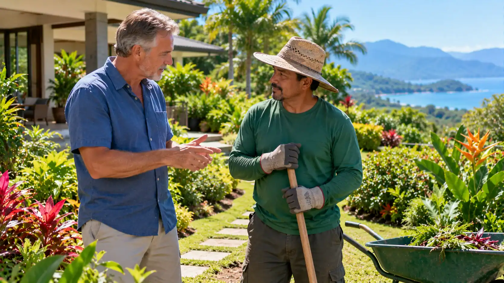 An employer and a gardener discussing job duties in a garden in Costa Rica