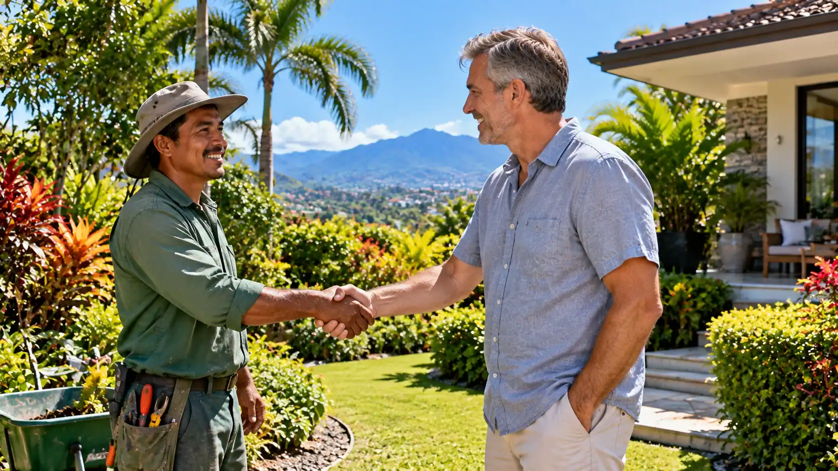 An employer and gardener shaking hands in a sunny Costa Rican garden