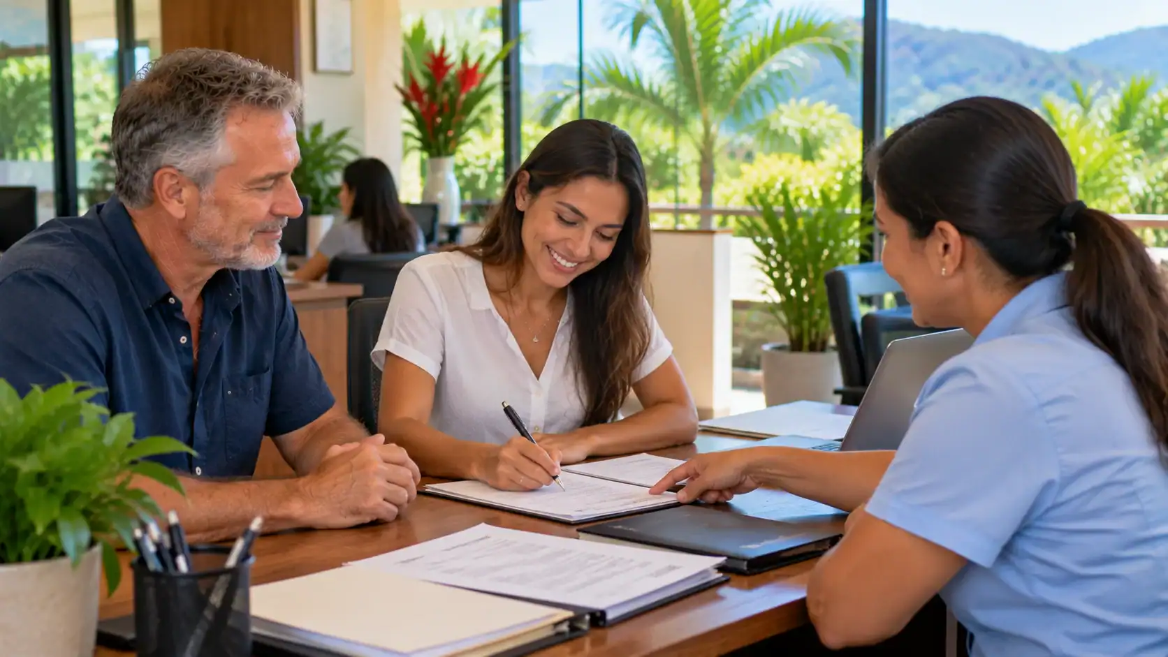 An employer and new employee completing social security registration in Costa Rica