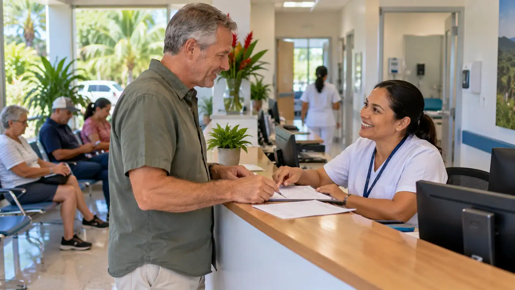 An expat at a public health clinic (EBAIS) reception desk in Costa Rica