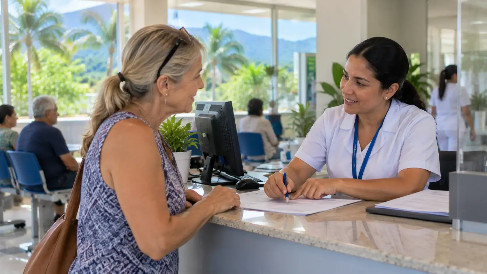 An expat discussing her social security coverage with a clinic clerk