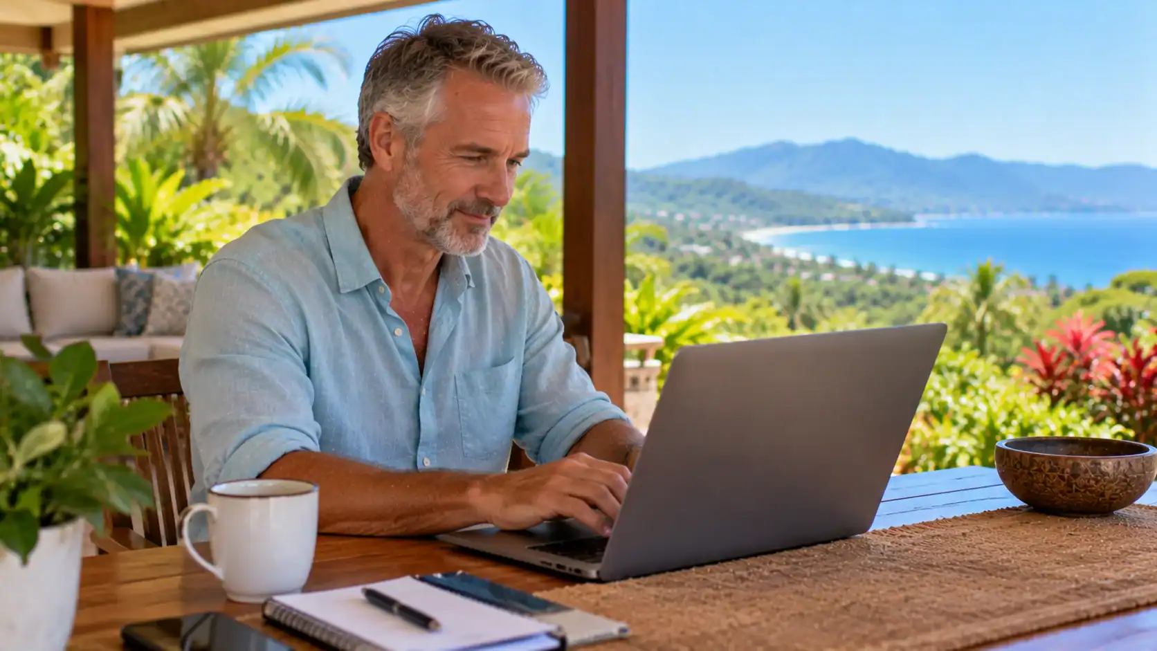 An expat filling in an online form on a laptop on a veranda in Costa Rica