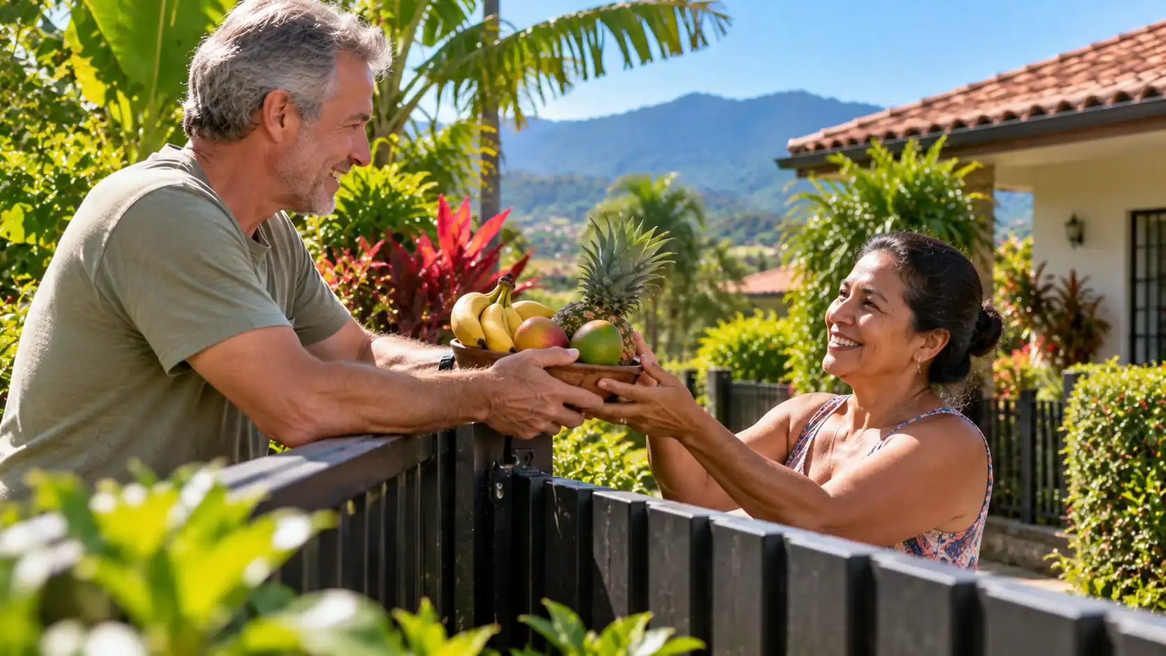 An expat neighbour sharing fruit with a Costa Rican neighbour over a fence
