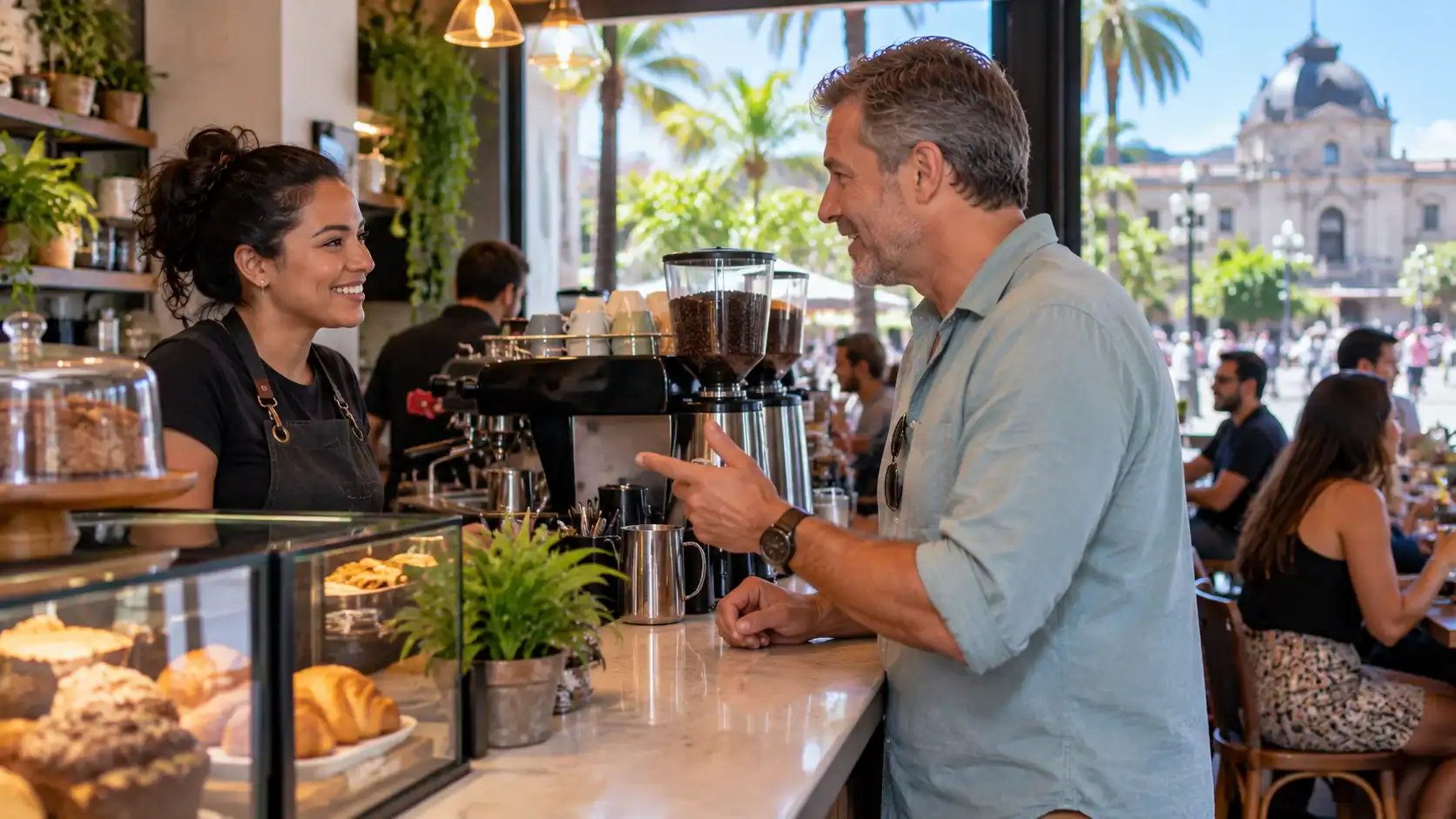 An expat ordering coffee in Spanish at a busy café counter in San José