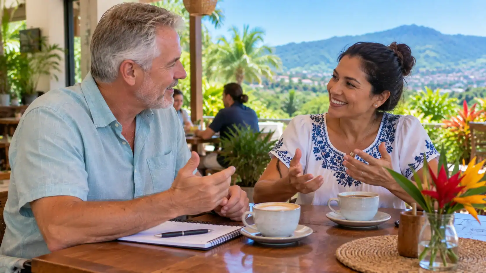 An expat practicing Spanish with a local neighbor at a café