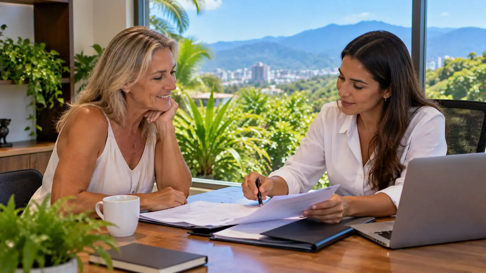 An expat reviewing her annual tax return with an accountant in Costa Rica