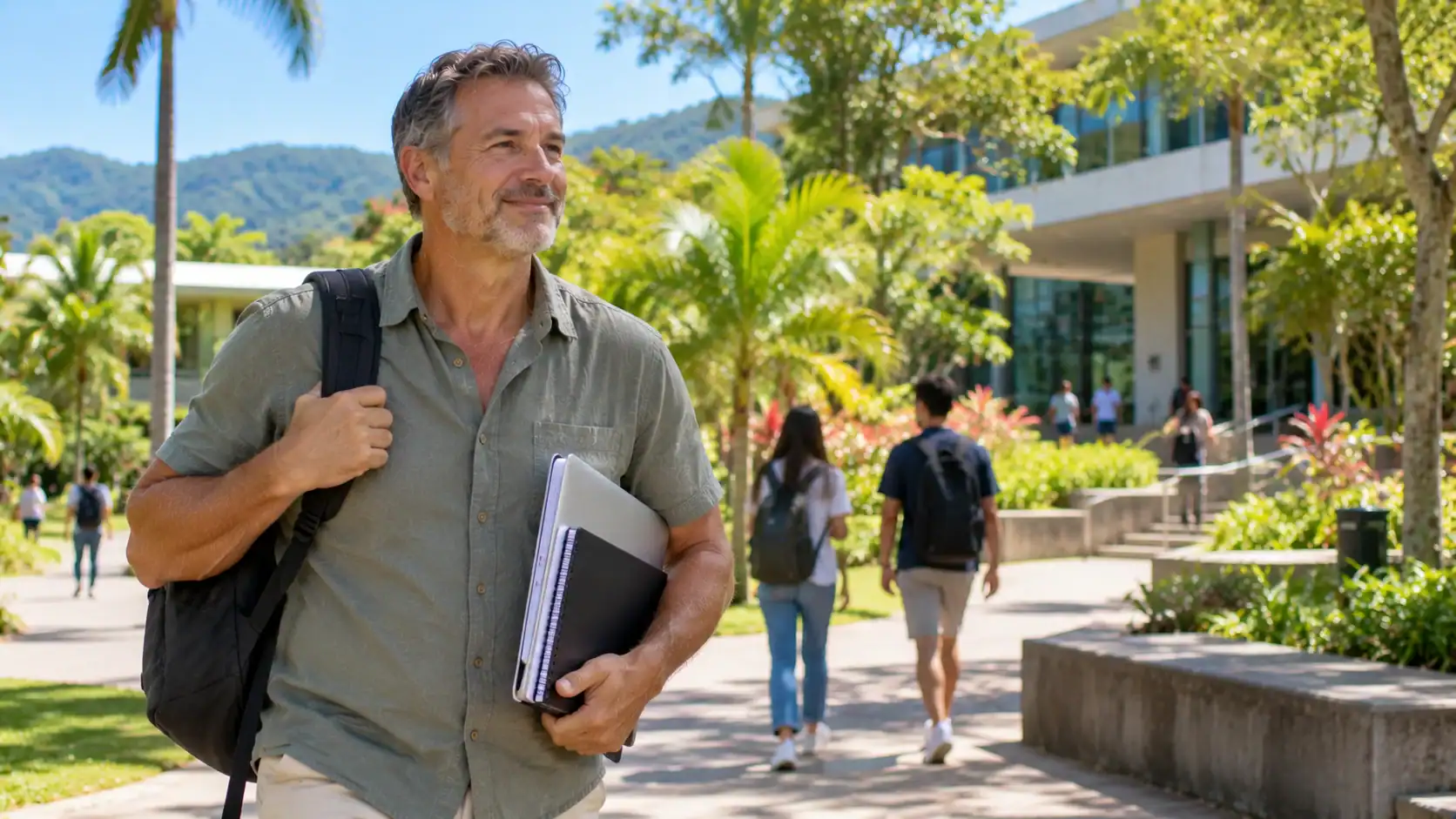 An international student arriving at a university campus in Costa Rica