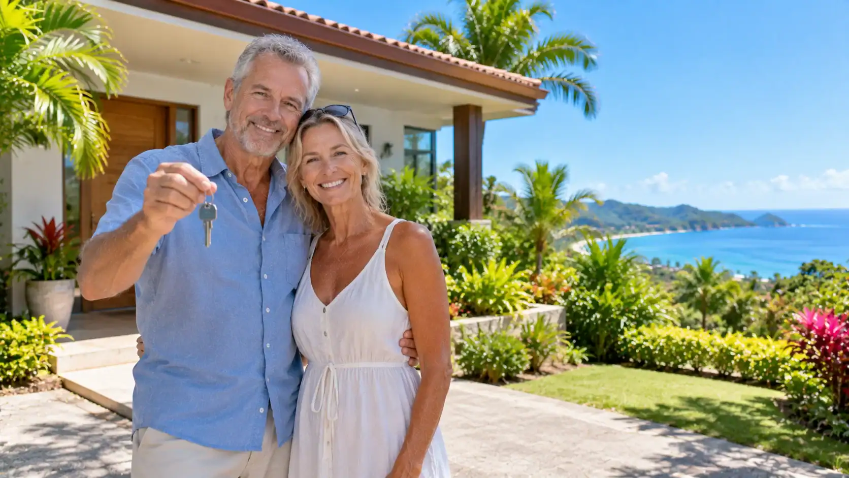 An investor couple standing in front of the house they bought in Costa Rica