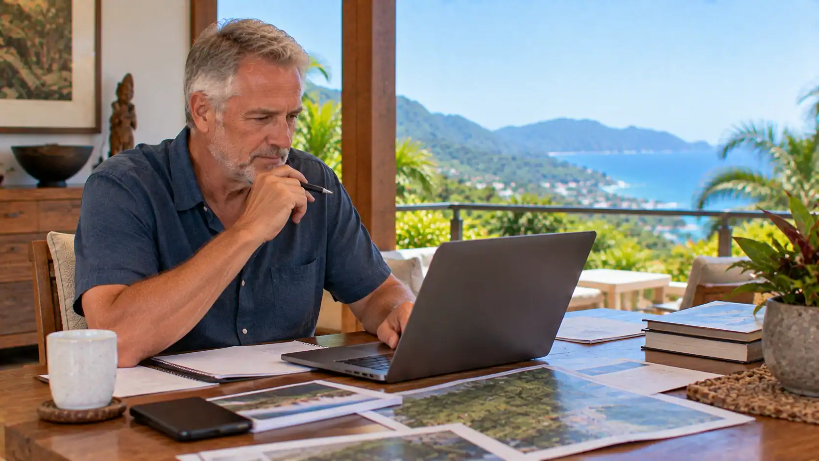 An investor reviewing property investment records on a laptop