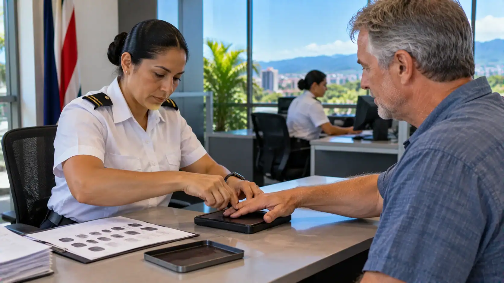 An officer taking fingerprints with ink for a background check