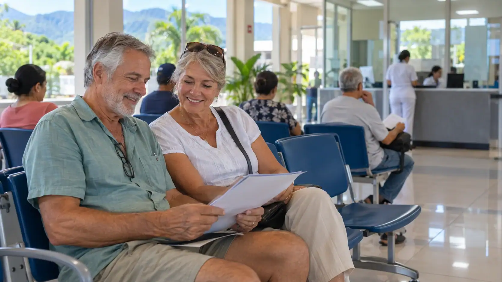 An older couple at a social security clinic waiting room in Costa Rica