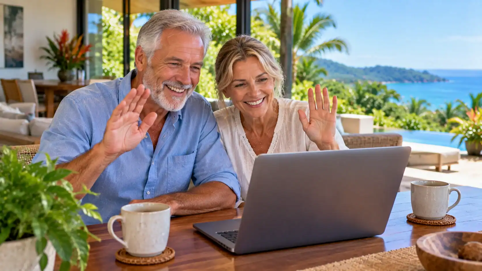 An older expat couple on a video call with their adult children from their Costa Rica home