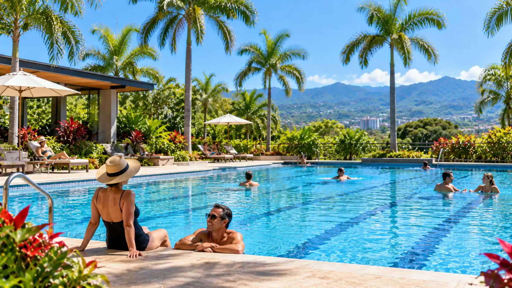 An outdoor public swimming pool surrounded by palm trees in Costa Rica
