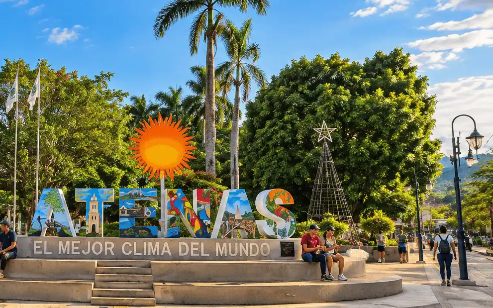 The colorful ATENAS sign with the slogan El Mejor Clima del Mundo in the town park of Atenas, Costa Rica, under blue sky