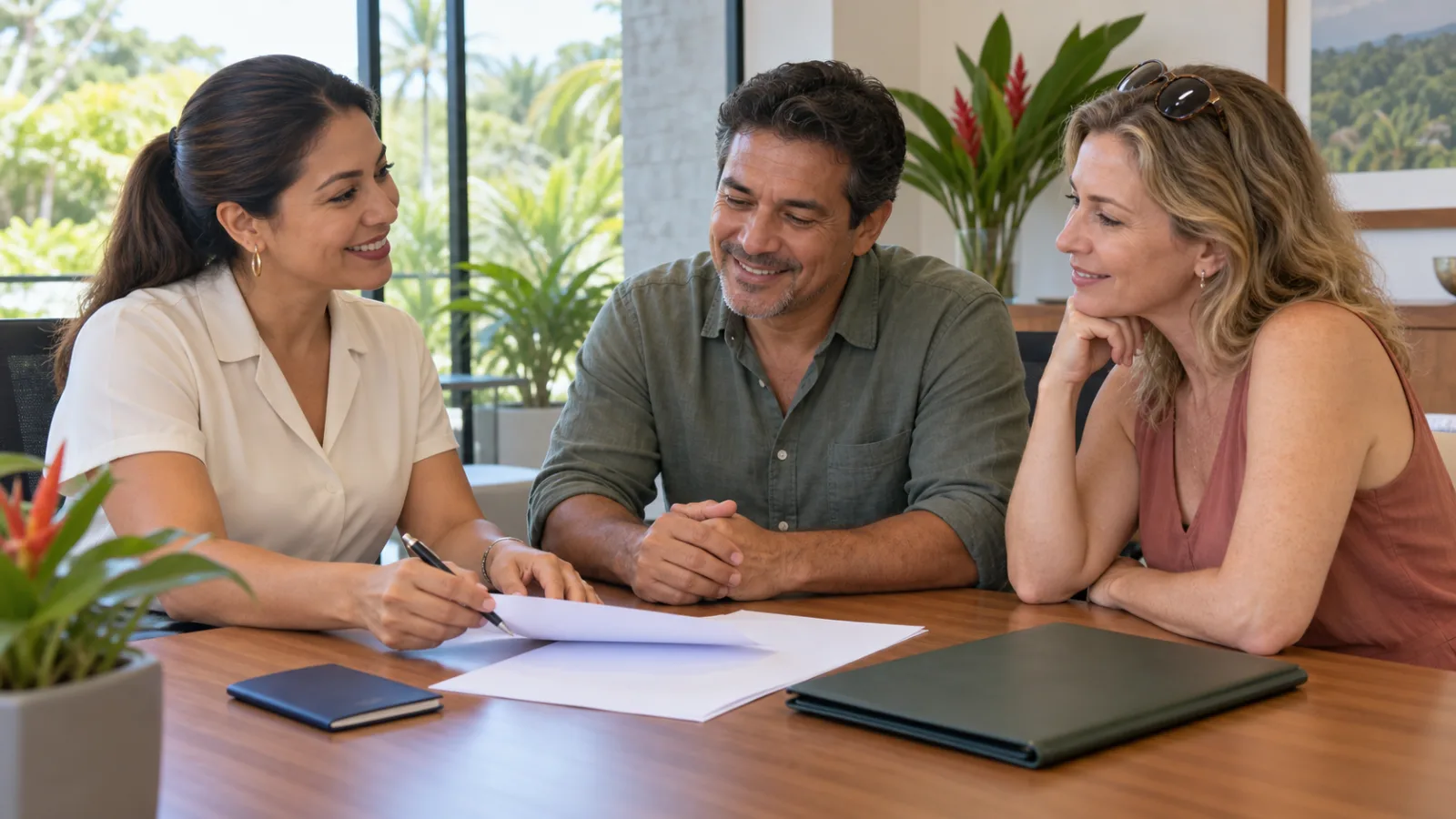 A couple reviews bank-account documents with an adviser in Costa Rica.