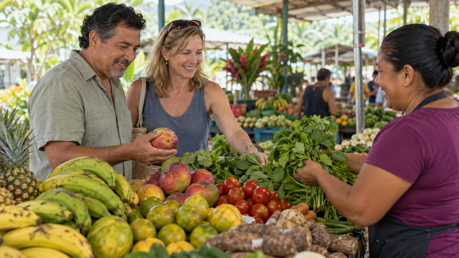 A couple shops at a Costa Rican produce market.