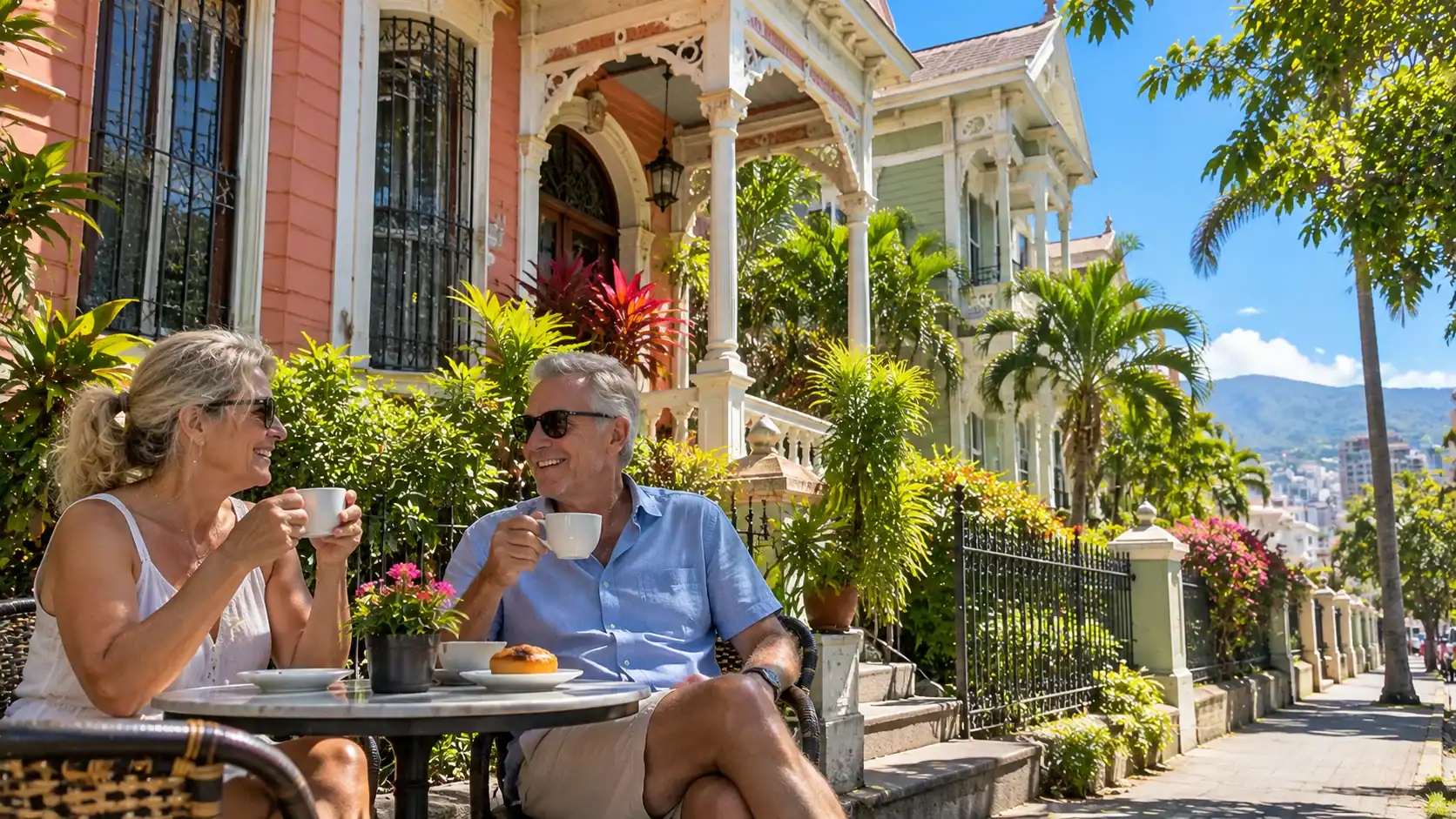 A retired couple enjoying coffee at a café terrace beside colorful historic houses in Barrio Amón, San José