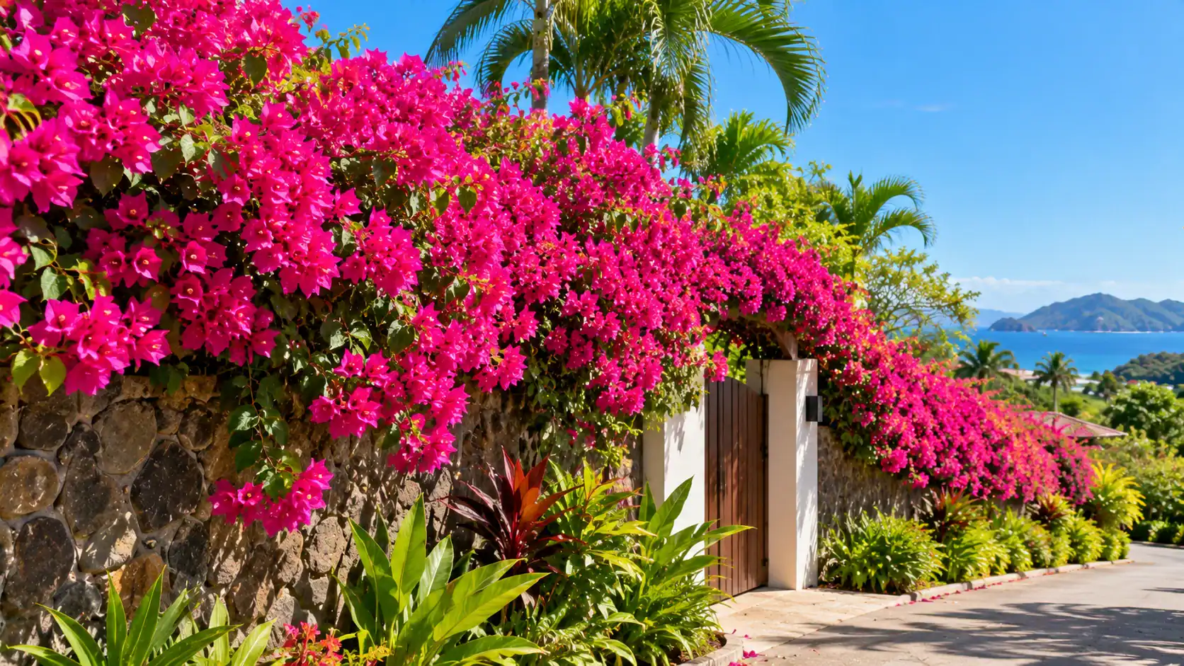 Bright pink bougainvillea covering a garden wall in Costa Rica