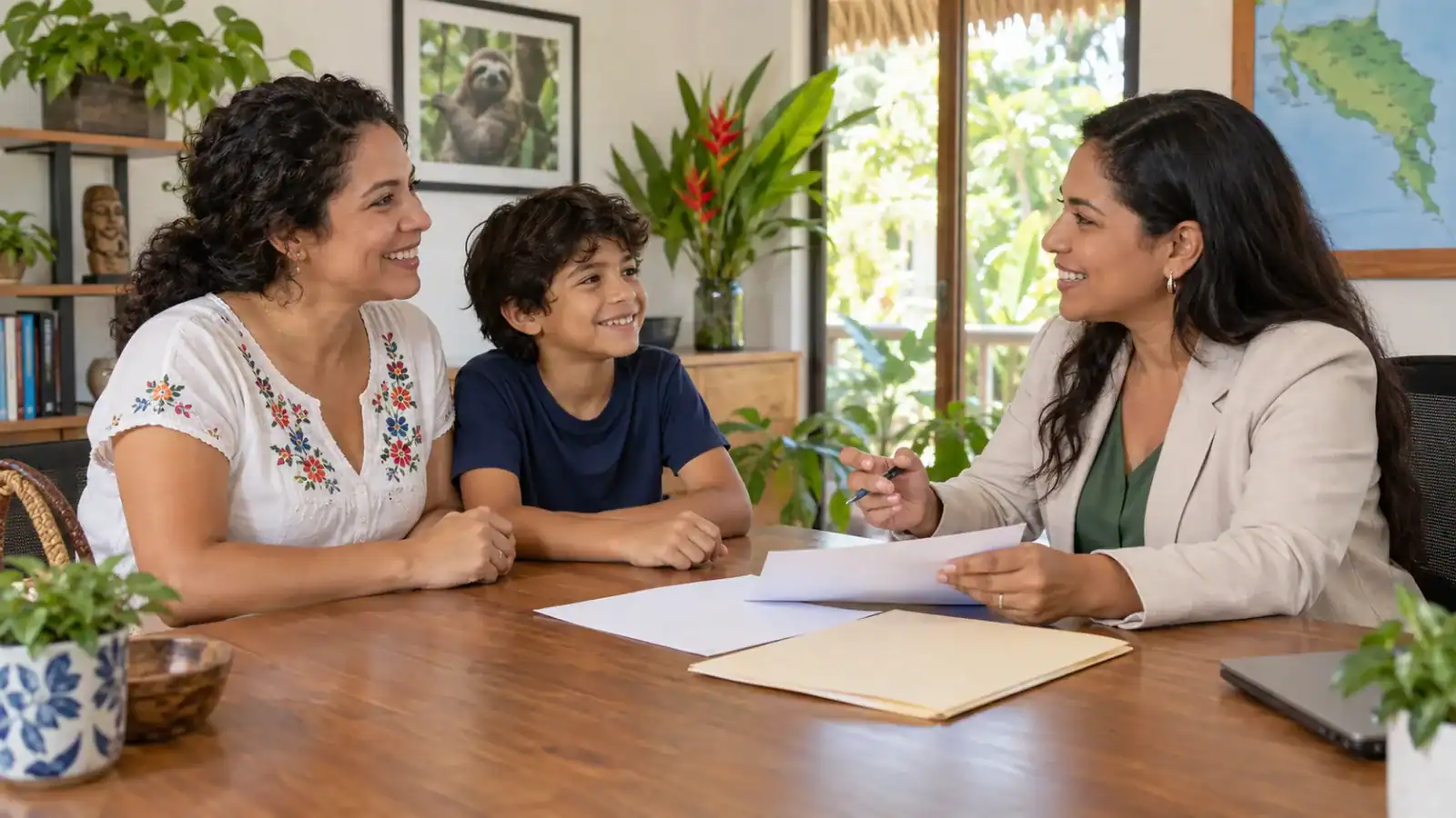 Mother and child reviewing civil registration documents with a Costa Rica immigration adviser