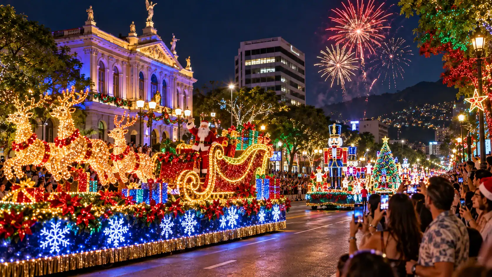 Illuminated floats and fireworks at a Christmas festival of lights parade in San Jose, Costa Rica