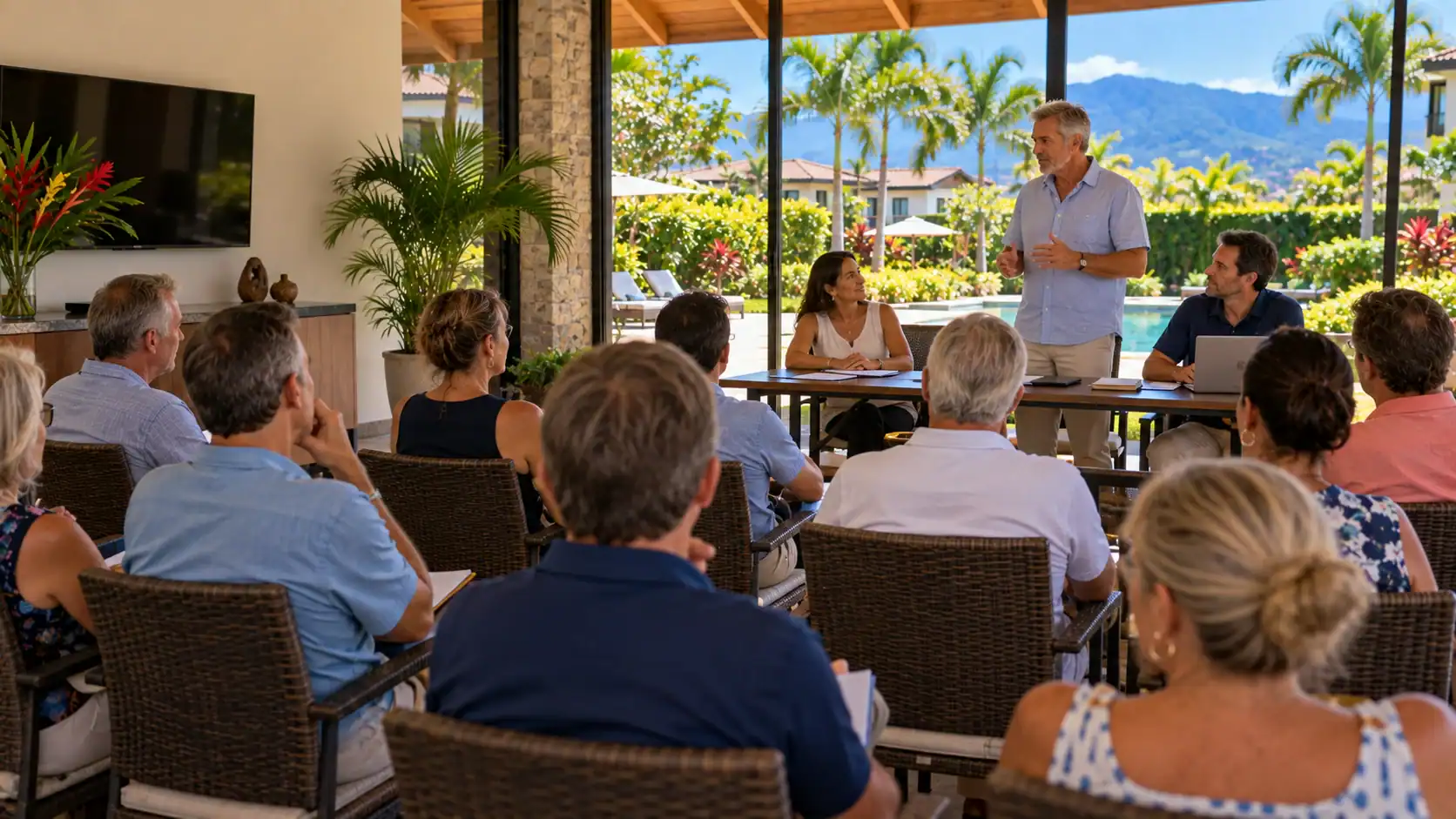 Condo owners at a residents' meeting in a clubhouse