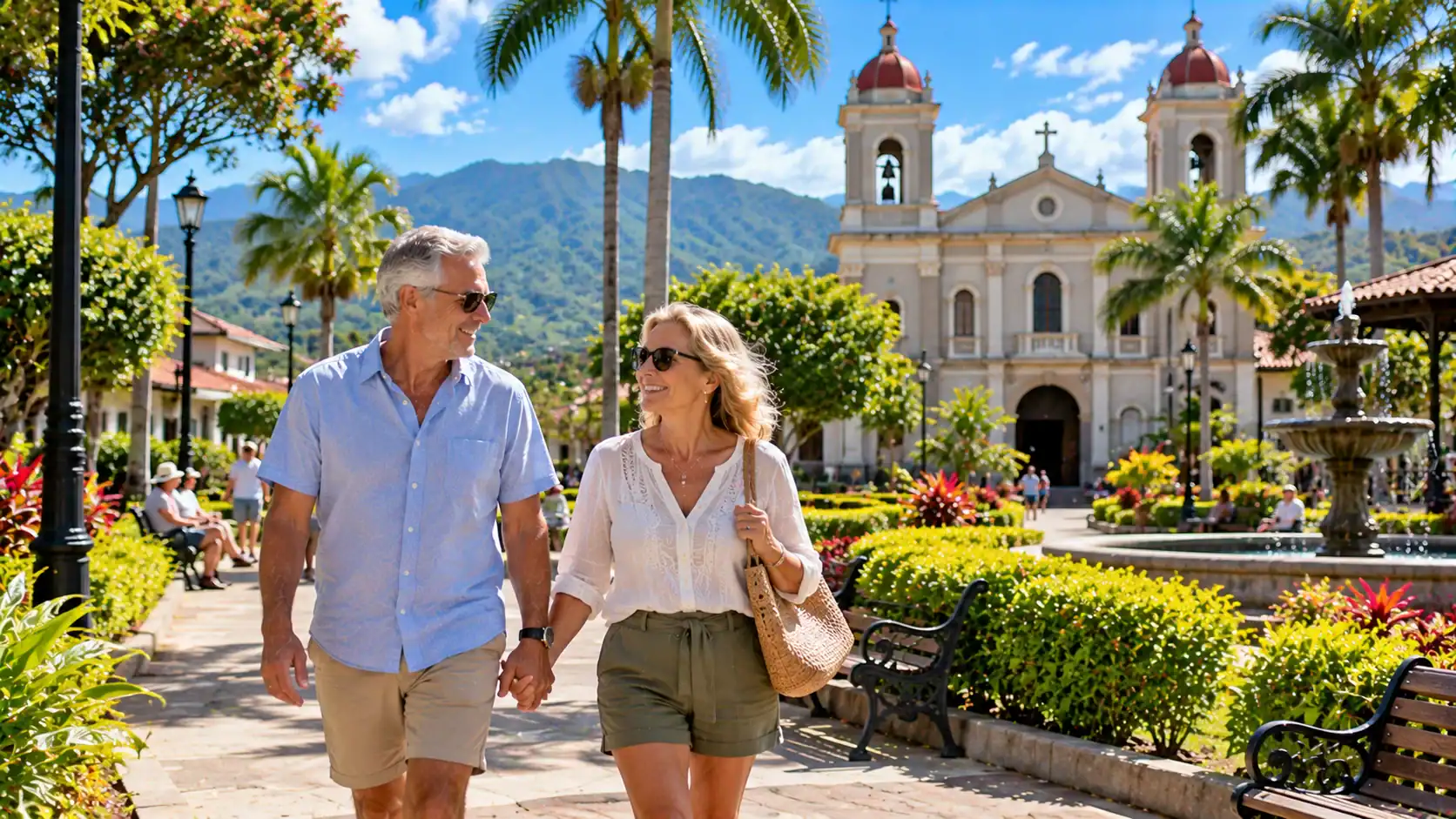A couple walking through a Costa Rican town square with a church and palm trees