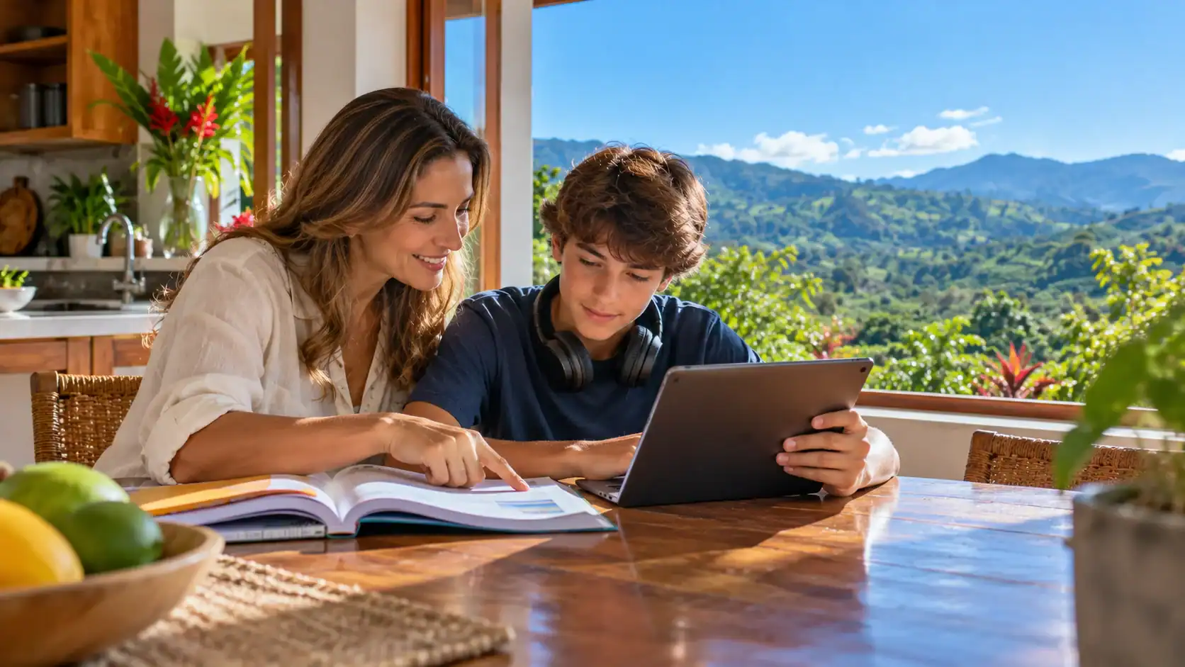 Mother helping her son with Spanish while he uses a tablet at home in Costa Rica