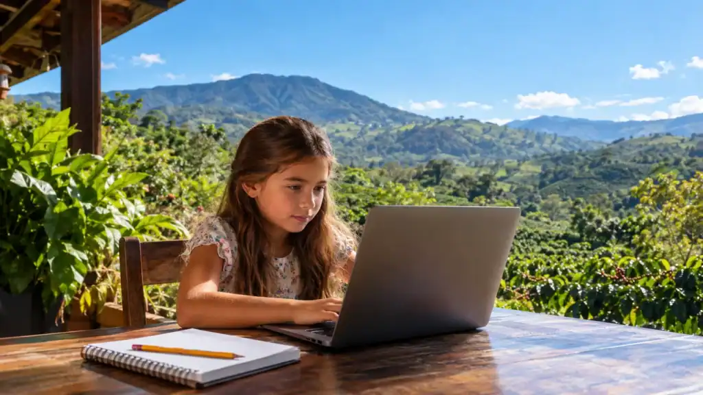 Child doing schoolwork on a laptop on a porch in Costa Rica's Central Valley